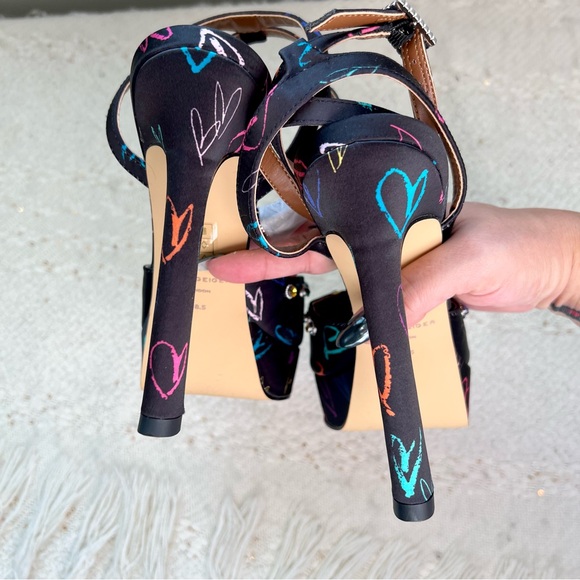 Kurt Geiger OCTAVIA Heels Black Satin Colorful Hearts Rhinestones Platforms 7.5 - Picture 5 of 6